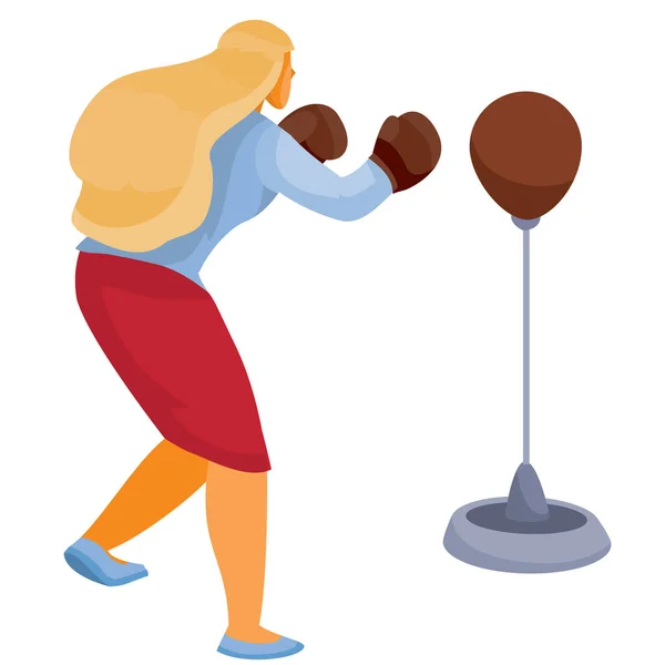 Frau in Bürokleidung steht zu uns und schlägt mit Boxhandschuhen auf einen Sportboxsack, Aggression, Abwehr, Angriff, isolierter Gegenstand auf weißem Hintergrund, Vektor-Illustration — Stockvektor