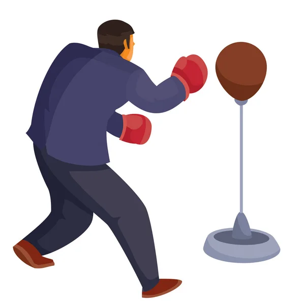 A man in office clothes is standing back to us and beating a sports punching bag with boxing gloves, aggression, defense, attack, isolated object on a white background, vector illustration — Stock Vector