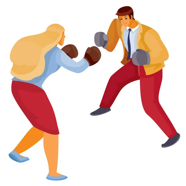 Man and woman in office clothes box with each other, aggression, defense, argument, assault, discussion, isolated object on a white background, vector illustration — ストックベクタ