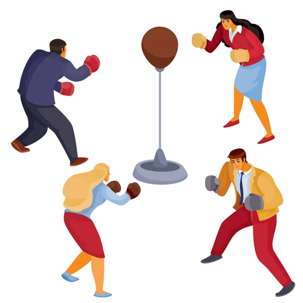 Hombres y mujeres en ropa de oficina se enfrentan entre sí un saco de boxeo deportivo con guantes de boxeo, agresión, defensa, ataque, objeto aislado sobre un fondo blanco, ilustración vectorial — Vector de stock