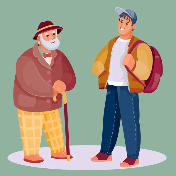 Старик в трости и шляпе разговаривает с подростком в рюкзаке и кепке, векторная иллюстрация — стоковый вектор