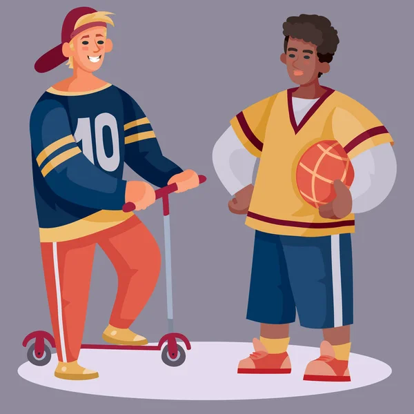 Ein Teenager mit Roller und Mütze spricht mit einem Sportler, der einen Ball in der Hand hält, Dialog, Streit, Frage, Vektorillustration — Stockvektor