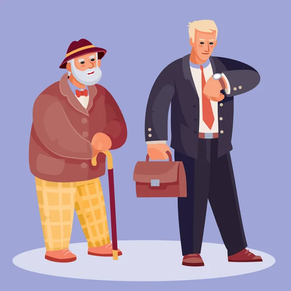 Anciano en un sombrero y con un bastón pide tiempo en un hombre apresurado con un maletín, ilustración vectorial — Vector de stock
