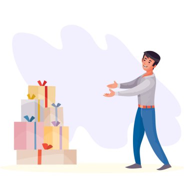 Bir adam önünde hediyelerle dolu bir sürü kutu görür ve onlara gider. Sürpriz, tatil, doğum günü, vektör illüstrasyonu.