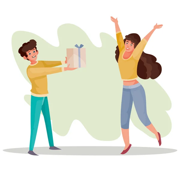 Man gives a girl a box with a gift, a girl rejoices and bounces up from happiness, surprise, joy, celebration, birthday, vector illustration — Stock vektor