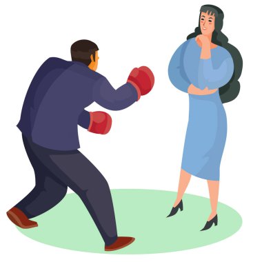 Boks eldivenli bir adam bir kadına saldırıyor, kadın sakin duruyor ve neler olduğunu anlamaya çalışıyor, beyaz arka planda izole edilmiş bir nesne, vektör çizimi.