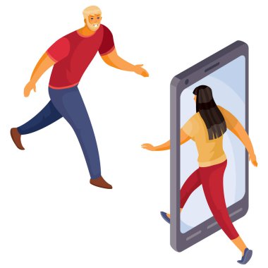 Bir kadın telefoa 'dan çıkıyor, bir erkek telefona doğru gidiyor, beyaz arka planda izole edilmiş bir nesne, vektör illüstrasyonu.