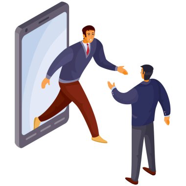 Bir adam telefondan çıkıyor, diğer adam onu selamlıyor, işe alıyor, buluşuyor, buluşuyor, beyaz arka planda izole edilmiş nesne, vektör illüstrasyonunda.