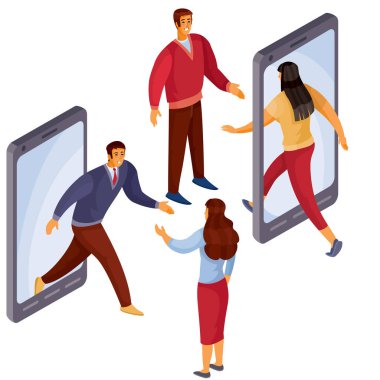 bir adam telefondan çıkıyor, bir kadın telefona geliyor, bir kadın bir erkekle tanışıyor, bir erkek bir adamı bekliyor, 3D izometrik, toplantı, iletişim, iş, boşluk, vektör çizimi