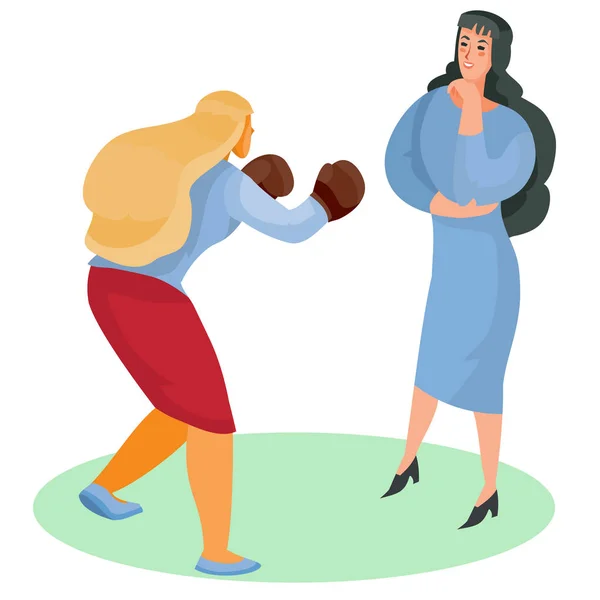 En kvinna i boxningshandskar attackerar en annan kvinna, hon står lugn och försöker lyssna och förstå vad som händer, isolerade objekt på en vit bakgrund, vektor illustration — Stock vektor