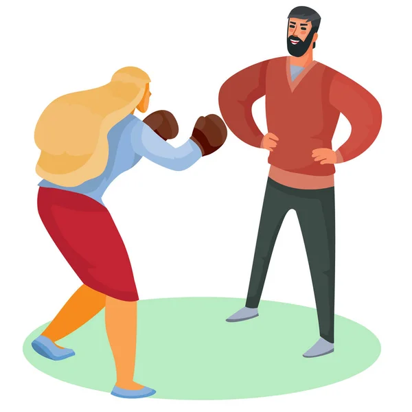 Une femme en gants de boxe attaque un homme, il se tient calme et essaie d'écouter et de comprendre ce qui se passe, objet isolé sur fond blanc, illustration vectorielle — Image vectorielle