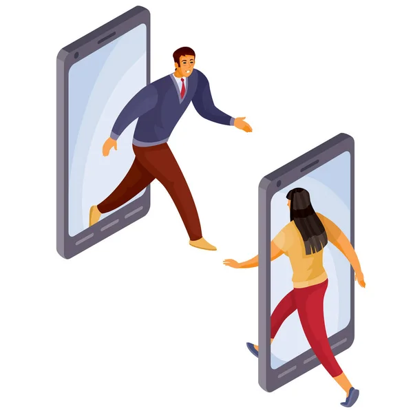 Homme sort du téléphone et femme entre dans le téléphone, objet isolé sur fond blanc, illustration vectorielle — Image vectorielle