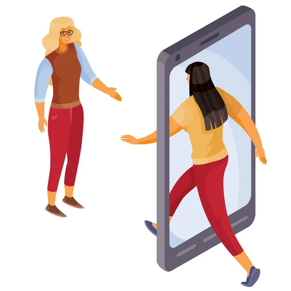 Femme pénètre dans le téléphone elle est accueillie et accueillie par une femme, emploi, date, rencontre, objet isolé sur fond blanc, illustration vectorielle — Image vectorielle