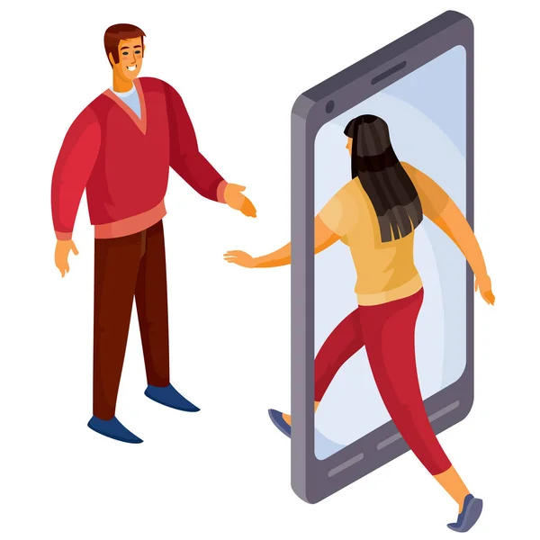 Homme sort du téléphone et femme entre dans le téléphone, objet isolé sur fond blanc, illustration vectorielle — Image vectorielle