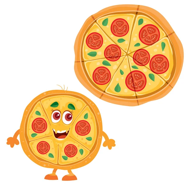 Egész pizza és pizza karakter, élelmiszer, gyorsétterem, elszigetelt tárgy fehér alapon, vektor illusztráció — Stock Vector