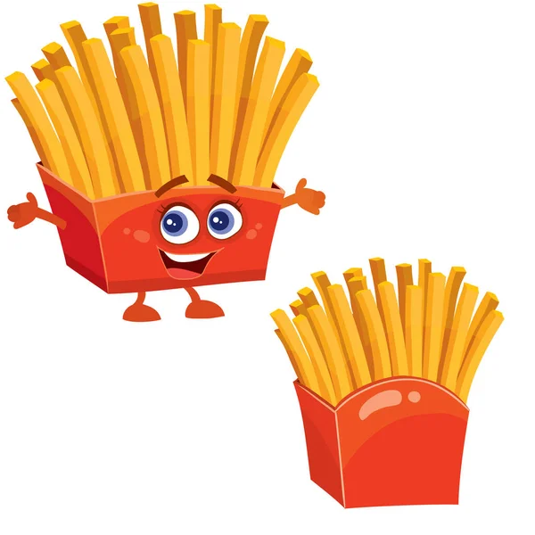 Batatas fritas em uma caixa vermelha e caráter, comida, fast food, comida, apetite, objeto isolado em um fundo branco, ilustração vetorial — Vetor de Stock