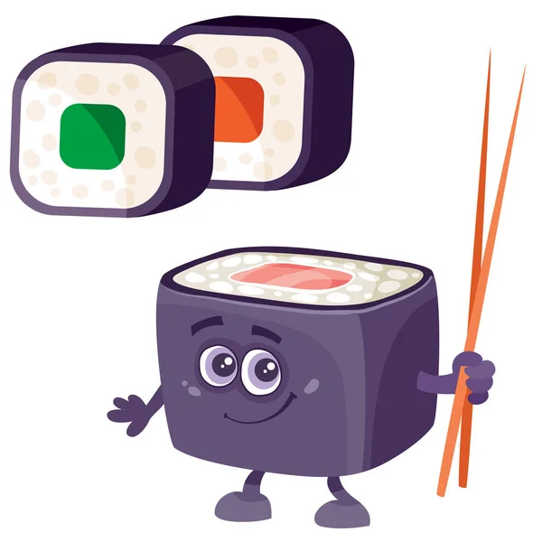 Sushi und Charakter mit Essstäbchen, isoliertes Objekt auf weißem Hintergrund, Vektorillustration — Stockvektor