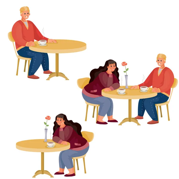 Paar Mann und Frau zusammen am runden Tisch, Mann allein am runden Tisch, Frau allein am runden Tisch, isoliertes Objekt auf weißem Hintergrund, Vektorillustration — Stockvektor