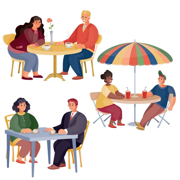 Conjunto de pares de hombres y mujeres que están sentados en diferentes mesas, redondo, cuadrado, con un paraguas, objeto aislado sobre un fondo blanco, ilustración vectorial — Vector de stock