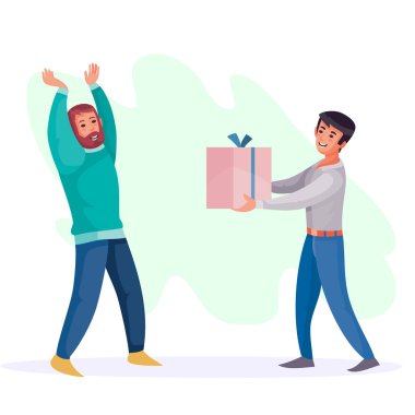 Adam adama hediye, sürpriz, sevinç, bayram, doğum günü, vektör illüstrasyonlu bir kutu verir.