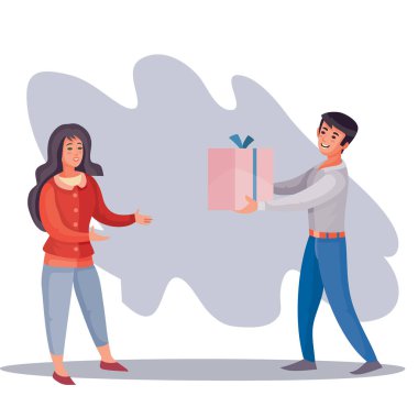 Erkek kıza bir hediye verir, sürpriz, sevinç, tatil, doğum günü, vektör illüstrasyonu