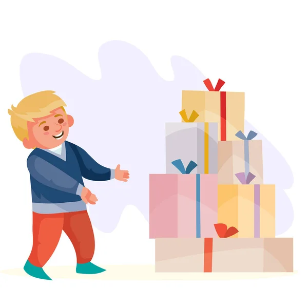 Niño ve delante de él muchos regalos en cajas con plátanos y disfruta de una sorpresa, ilustración vectorial — Vector de stock