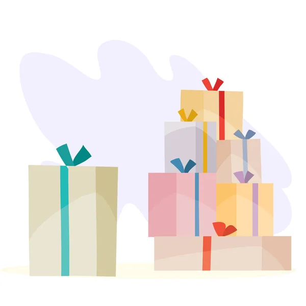Muchos regalos en cajas con arcos se recogen en un solo lugar, todo en capas separadas, ilustración vectorial — Vector de stock