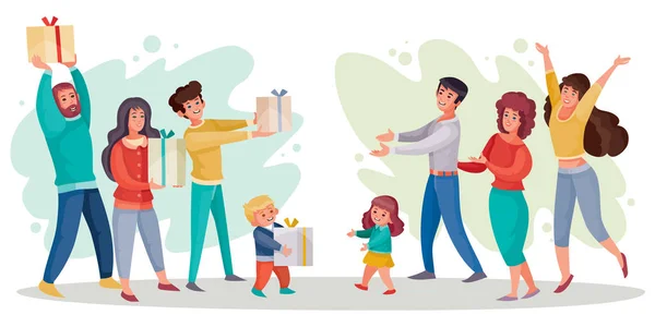 one group of people men and women joyfully gives gifts to another group of people with children, vector illustration