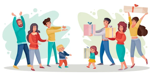 Un groupe de personnes hommes et femmes donne joyeusement des cadeaux à un autre groupe de personnes avec enfants, illustration vectorielle — Image vectorielle