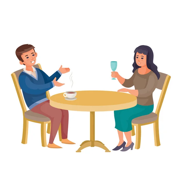 Mann und Frau sitzen an einem runden Tisch und unterhalten sich, eine Frau hält ein Glas in der Hand, eine Tasse Kaffee vor einem Mann, Vektorillustration — Stockvektor