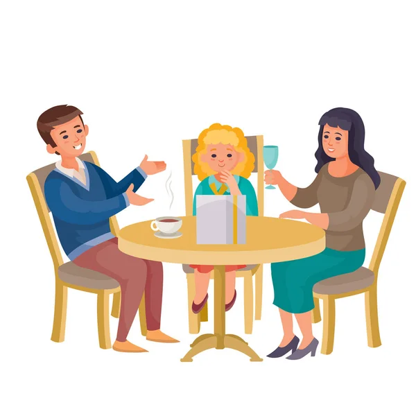 Erkek, kadın ve kız yuvarlak bir masada bir erkeğin önünde bardak tutan bir kadınla oturuyorlar. Masanın üzerinde bir fincan kahve bir hediye, vektör çizimi. — Stok Vektör