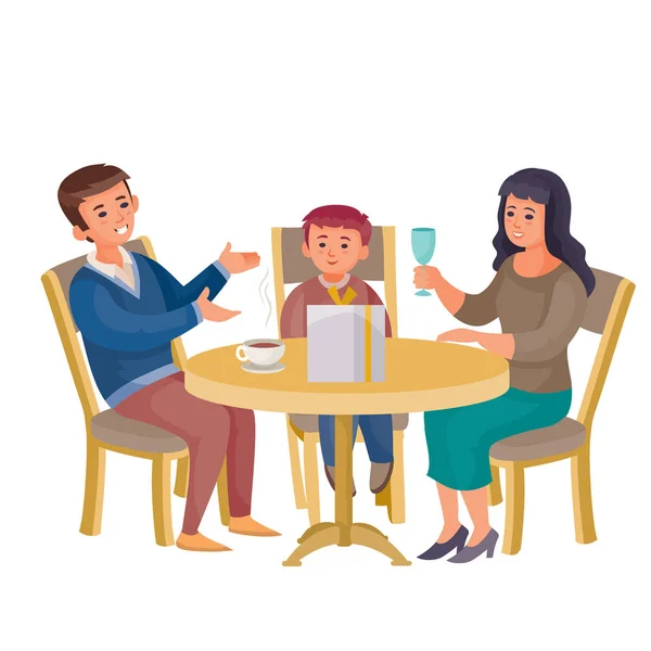 Un hombre, una mujer y un niño están sentados en una mesa redonda con una mujer sosteniendo un vaso delante de un hombre una taza de café en la mesa es un regalo, ilustración vectorial — Archivo Imágenes Vectoriales