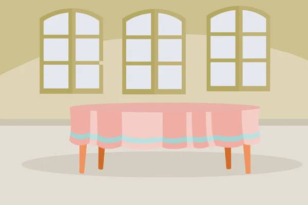 Dans une grande pièce à trois fenêtres il y a une grande table ovale couverte d'une nappe, illustration vectorielle — Image vectorielle