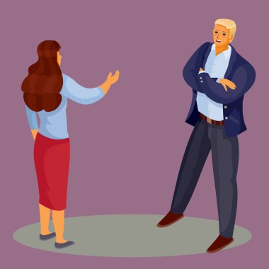 A woman in a red skirt stands with her back and holds out her hand to greet the man, and he stands with his legs spread and arms crossed on his chest, dark violet background, separate layers, vector vector A woman in a red skirt stands with her back and holds out her hand to greet the man, and he stands with his legs spread and arms crossed on his chest, dark violet background, separate layers, vector vector