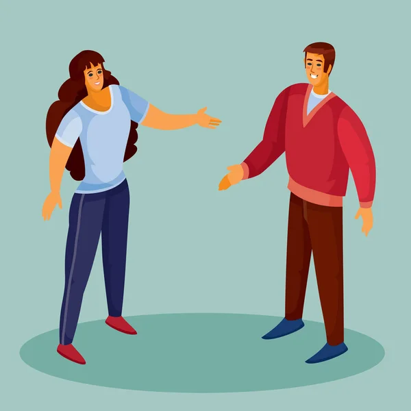 Ένας άντρας με κόκκινο πουλόβερ απλώνει το χέρι του για να χαιρετήσει μια γυναίκα, μια γυναίκα με σκούρο παντελόνι και με σκούρα σαθρά μαλλιά απλώνει το χέρι του σε απάντηση, μπλε φόντο, ξεχωριστά στρώματα, διανυσματική απεικόνιση — Διανυσματικό Αρχείο