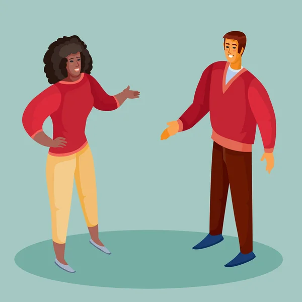 A man in a red sweater holds out his hand to greet an African-American woman, a woman in bright trousers and with dark flowing hair holds out his hand in response, blue background, separate layers — 스톡 벡터