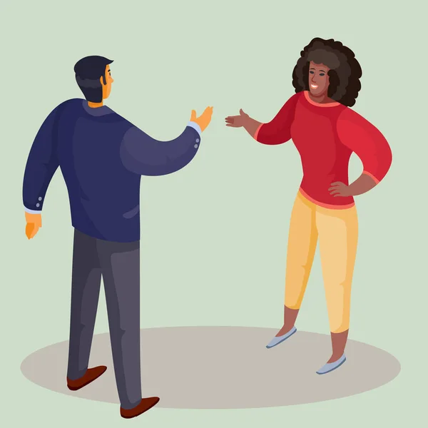 A man in a dark jacket stands with his back and holds out his hand for greeting to an African-American woman, a woman in bright trousers and with dark loose hair holds out his hand in response, light — 스톡 벡터