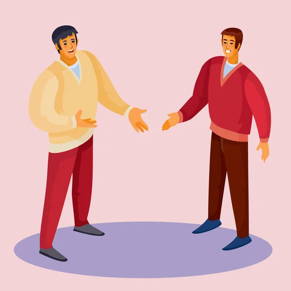 Ein Mann im roten Pullover reicht einem Mann zur Begrüßung die Hand, ein Mann im hellen Pullover reicht ihm als Antwort die Hand, pinkfarbener Hintergrund, separate Schichten, Vektorillustration — Stockvektor