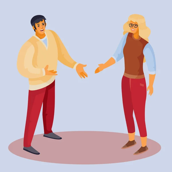 Une femme aux cheveux blonds et au pantalon rouge tend la main pour saluer un homme, un homme en pull léger tend la main en réponse, fond bleu, couches séparées, illustration vectorielle — Image vectorielle
