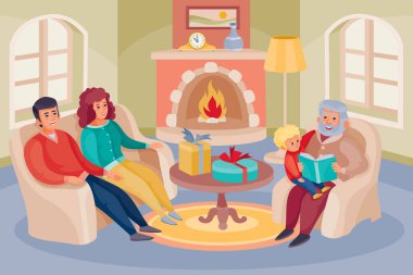 Anne, baba, büyükbaba ve torun aileleri büyük bir masanın önünde büyük şömineli rahat bir odada oturuyorlar ve üzerinde hediye vektör çizimleri var.