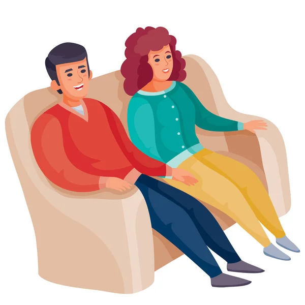 Man and woman, perhaps husband and wife are sitting together on a large cozy sofa, isolated object on a white background, vector illustration — 스톡 벡터