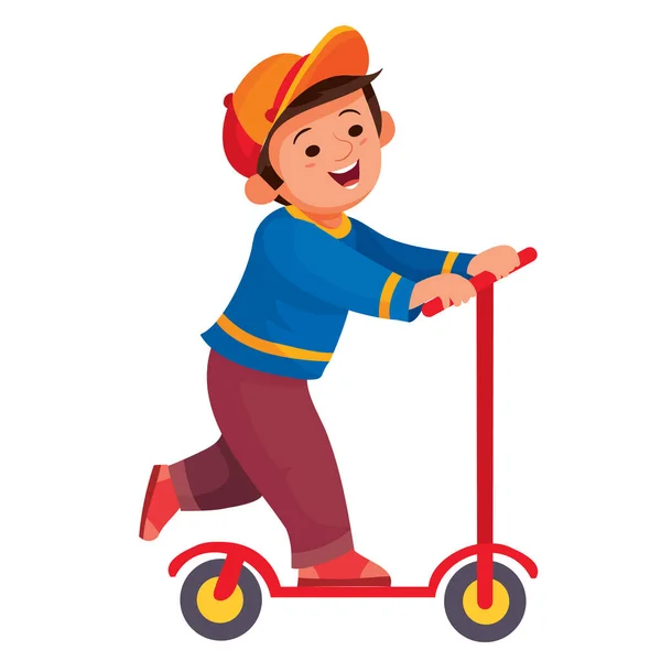 Little boy in a red cap happy rides a scooter, isolated object on a white background — Stock Vector