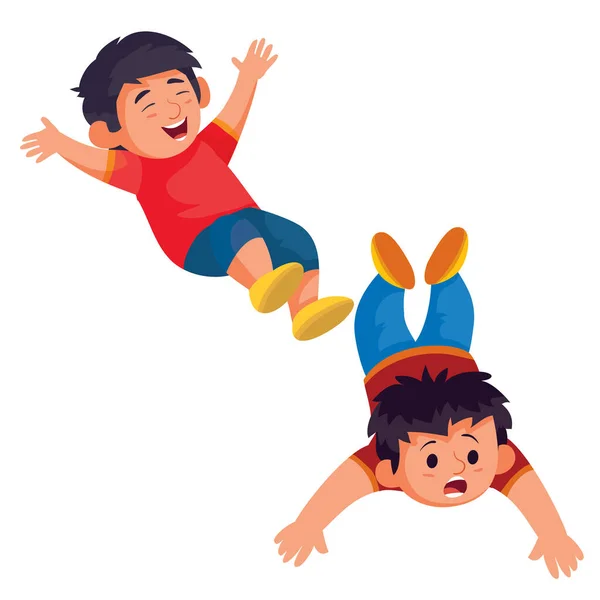 Ensemble de deux garçons, l'un couché sur le ventre, l'autre sautant amusant, objet isolé sur un fond blanc , — Image vectorielle