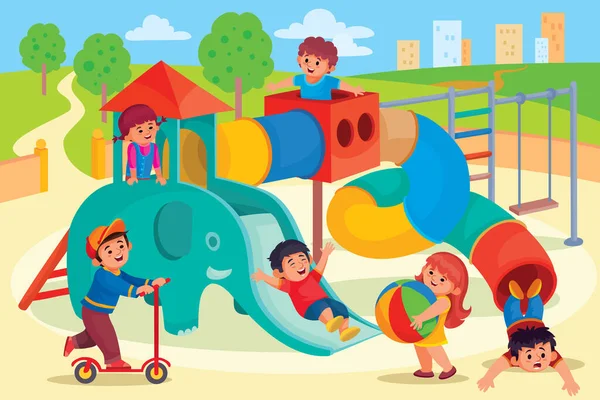 На детской площадке много детей играть и веселиться, дружба, игры, детский сад — стоковый вектор
