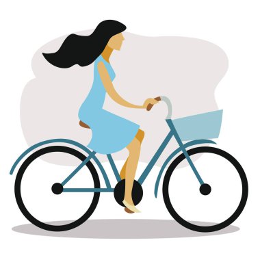 Mavi elbiseli ve siyah saçlı bir kız bisiklet sürüyor ve saçı rüzgarda büyüyor.,