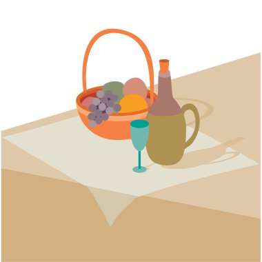 Kahverengi arka planda meyve sepeti şarap kadehleri ve şarap şişeleri, vektör illüstrasyon