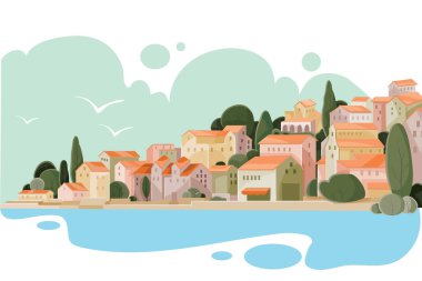 Küçük evleri, vilayeti, tatil yeri, dinlenmesi olan bir sahil kasabası manzarası.