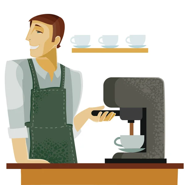 Barista fait quelqu'un café et sourit, derrière lui il y a une étagère avec trois tasses, style, service, vendeur, barman , — Image vectorielle