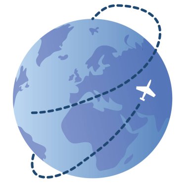 Beyaz arka planda mavi bir küre, etrafında bir uçak uçuyor ve arkasında kesik bir çizgi bırakıyor.