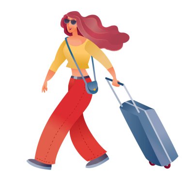 Kırmızı pantolonlu bir kadın bir bavul taşıyor ve beyaz arka planda izole edilmiş bir nesneyle seyahate çıkıyor.,